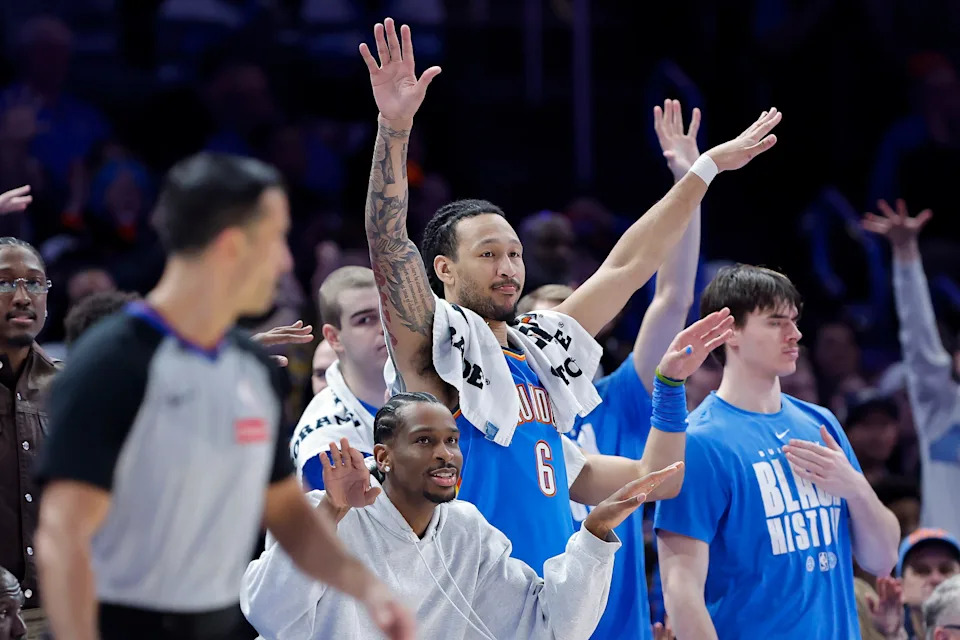 Feb 22, 2026; Oklahoma City, Oklahoma, USA; Oklahoma City Thunder guard Shai Gilgeous-Alexander (2), forward Jaylin Williams (6) and the Thunder bench celebrate after watching their team score against the Cleveland Cavaliers during the second half at Paycom Center. Mandatory Credit: Alonzo Adams-Imagn Images
