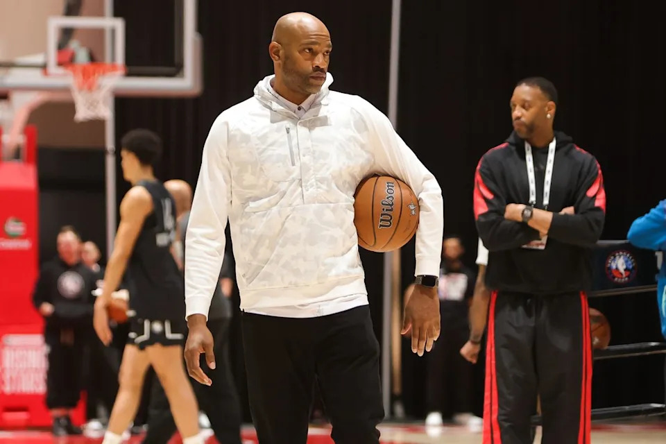 NBA Hall of Famer Vince Carter watches his team participate in drills during NBA Rising Stars practice on February 13, 2026 in Inglewood, CA.