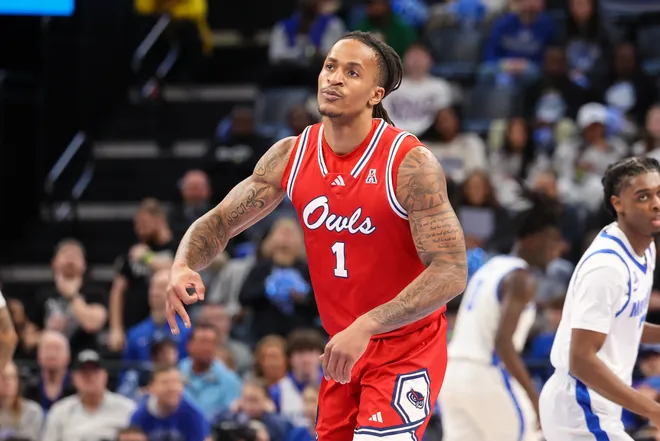 Florida Atlantic Owls forward Kaleb Glenn reacts after a 3-point basket against the Memphis Tigers during the first half at FedExForum, Feb. 23, 2025 in Memphis.