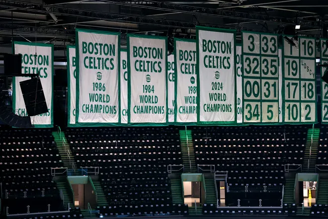 BOSTON, MASSACHUSETTS - APRIL 20: A view of the Boston Celtics Championship Banners at TD Garden on April 20, 2025 in Boston, Massachusetts. (Photo by Maddie Meyer/Getty Images)