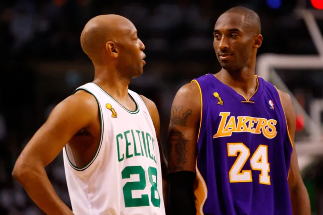 BOSTON - JUNE 05: Sam Cassell #28 of the Boston Celtics talks to Kobe Bryant #24 of the Los Angeles Lakers in the first half of Game One of the 2008 NBA Finals on June 5, 2008 at TD Banknorth Garden in Boston, Massachusetts. NOTE TO USER: User expressly acknowledges and agrees that, by downloading and/or using this Photograph, user is consenting to the terms and conditions of the Getty Images License Agreement. (Photo by Jim Rogash/Getty Images)