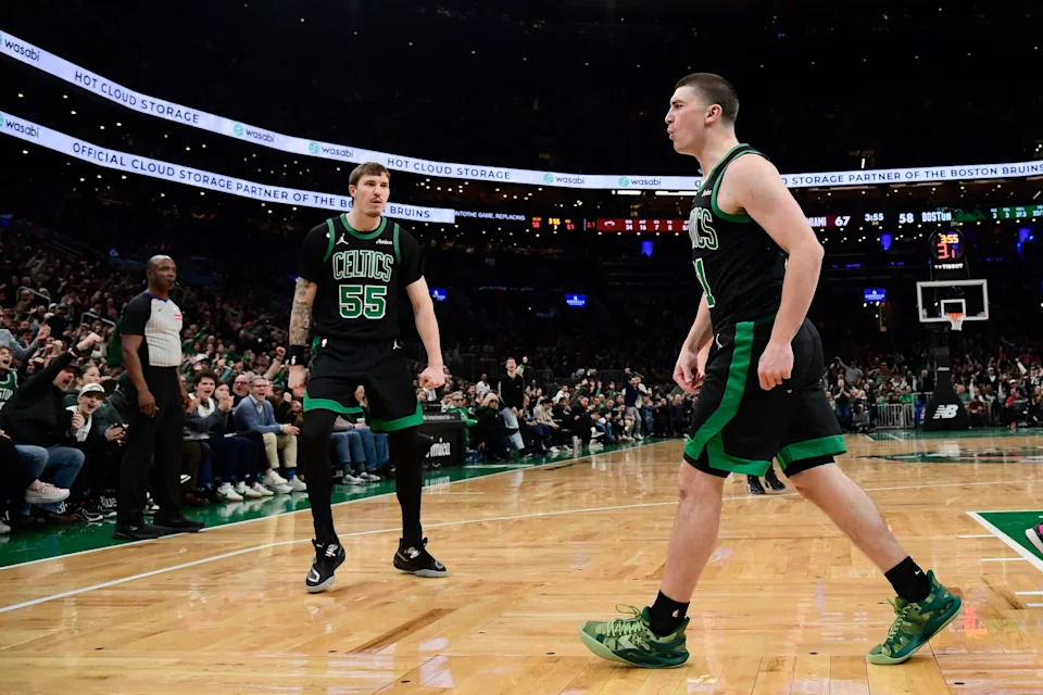 Feb 6, 2026; Boston, Massachusetts, USA; Boston Celtics guard Payton Pritchard (11) reacts after making a basket during the second half against the Miami Heat at TD Garden. Mandatory Credit: Bob DeChiara-Imagn Images