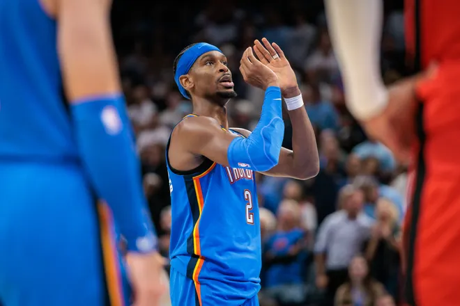 OKLAHOMA CITY, OKLAHOMA - OCTOBER 21: Shai Gilgeous-Alexander #2 of the Oklahoma City Thunder prepares for a free throw during overtime against the Houston Rockets at Paycom Center on October 21, 2025 in Oklahoma City, Oklahoma. NOTE TO USER: User expressly acknowledges and agrees that, by downloading and or using this photograph, User is consenting to the terms and conditions of the Getty Images License Agreement.(Photo by William Purnell/Getty Images)