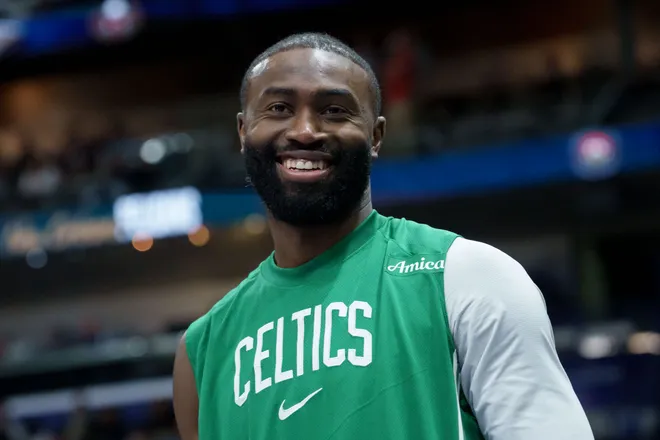 Oct 27, 2025; New Orleans, Louisiana, USA; Boston Celtics guard Jaylen Brown (7) smiles during the second half against the New Orleans Pelicans at Smoothie King Center. Mandatory Credit: Matthew Hinton-Imagn Images