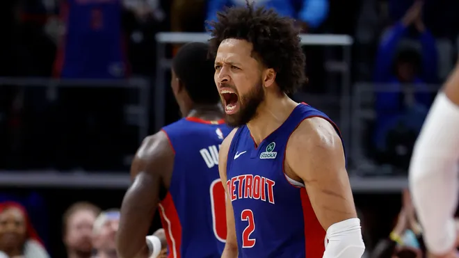 Nov 10, 2025; Detroit, Michigan, USA; Detroit Pistons guard Cade Cunningham (2) celebrates in overtime against the Washington Wizards at Little Caesars Arena. Mandatory Credit: Rick Osentoski-Imagn Images