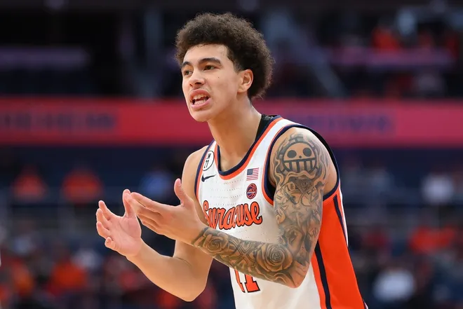 Dec 31, 2025; Syracuse, New York, USA; Syracuse Orange guard Naithan George (11) reacts during the second half against the Clemson Tigers at the JMA Wireless Dome.