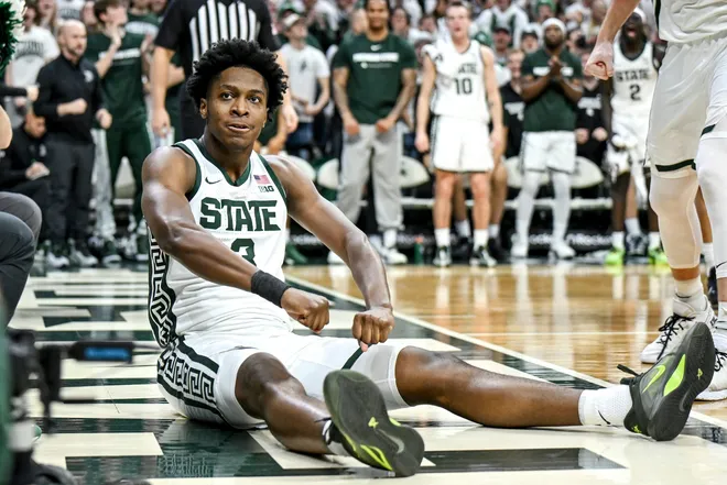 Michigan State's Cam Ward celebrates after scoring and drawing an Indiana foul during the second half on Tuesday, Jan. 13, 2026, at the Breslin Center in East Lansing.
