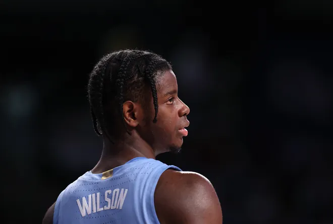 ATLANTA, GEORGIA - JANUARY 31: Caleb Wilson #8 of the North Carolina Tar Heels looks on against the Georgia Tech Yellow Jackets during the second half at Hank McCamish Pavilion on January 31, 2026 in Atlanta, Georgia. (Photo by Kevin C. Cox/Getty Images)