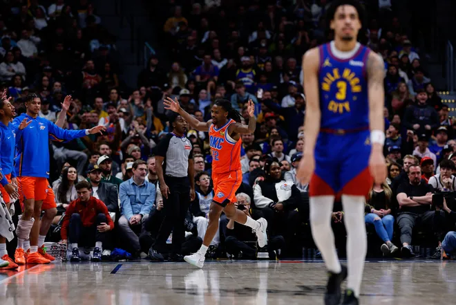 Feb 1, 2026; Denver, Colorado, USA; Oklahoma City Thunder guard Cason Wallace (22) reacts after a play against the Denver Nuggets in the fourth quarter at Ball Arena. Mandatory Credit: Isaiah J. Downing-Imagn Images
