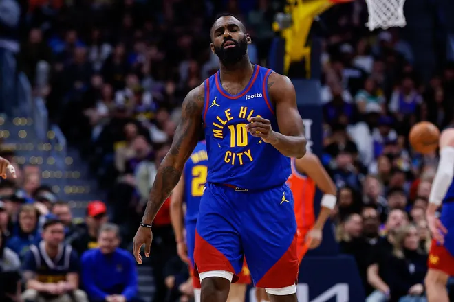 Feb 1, 2026; Denver, Colorado, USA; Denver Nuggets guard Tim Hardaway Jr. (10) reacts in the third quarter against the Oklahoma City Thunder at Ball Arena. Mandatory Credit: Isaiah J. Downing-Imagn Images