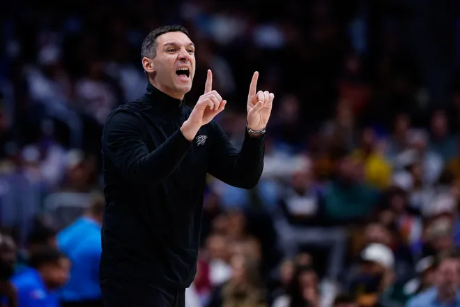 Feb 1, 2026; Denver, Colorado, USA; Oklahoma City Thunder head coach Mark Daigneault gestures in the fourth quarter against the Denver Nuggets at Ball Arena. Mandatory Credit: Isaiah J. Downing-Imagn Images