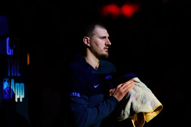 Feb 1, 2026; Denver, Colorado, USA; Denver Nuggets center Nikola Jokic (15) before the game against the Oklahoma City Thunder at Ball Arena. Mandatory Credit: Isaiah J. Downing-Imagn Images