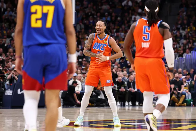 DENVER, COLORADO - FEBRUARY 01: Jaylin Williams #6 of the Oklahoma City Thunder reacts after a play against the Denver Nuggets during the third quarter at Ball Arena on February 1, 2026 in Denver, Colorado. NOTE TO USER: User expressly acknowledges and agrees that, by downloading and or using this photograph, User is consenting to the terms and conditions of the Getty Images License Agreement. (Photo by Justin Tafoya/Getty Images)