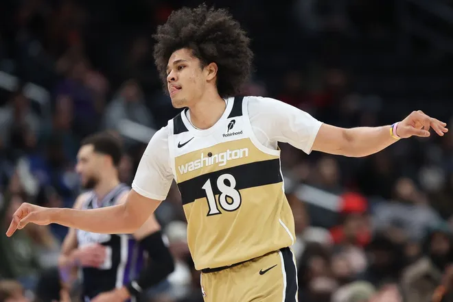 Feb 1, 2026; Washington, District of Columbia, USA; Washington Wizards forward Kyshawn George (18) celebrates during the second half against the Sacramento Kings at Capital One Arena.