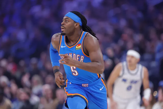 Feb 3, 2026; Oklahoma City, Oklahoma, USA; Oklahoma City Thunder guard Luguentz Dort (5) runs down the court against the Orlando Magic during the first quarter at Paycom Center. Mandatory Credit: Alonzo Adams-Imagn Images