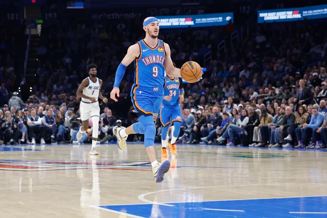 Feb 3, 2026; Oklahoma City, Oklahoma, USA; Oklahoma City Thunder guard Alex Caruso (9) dribbles down the court against the Orlando Magic during the second half at Paycom Center. Mandatory Credit: Alonzo Adams-Imagn Images