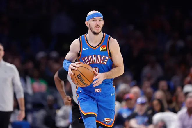 Feb 3, 2026; Oklahoma City, Oklahoma, USA; Oklahoma City Thunder guard Alex Caruso (9) dribbles down the court against the Orlando Magic during the second half at Paycom Center. Mandatory Credit: Alonzo Adams-Imagn Images