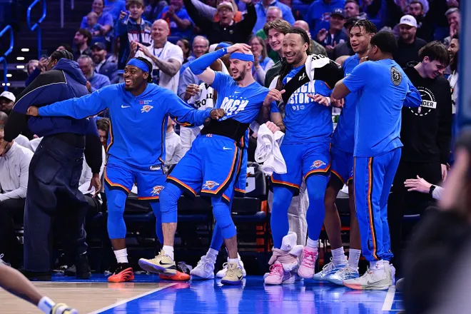 OKLAHOMA CITY, OKLAHOMA - FEBRUARY 3: Luguentz Dort #5, Alex Caruso #9, and Jaylin Williams #6 of the Oklahoma City Thunder react during the first half against the Orlando Magic at Paycom Center on February 3, 2026 in Oklahoma City, Oklahoma. NOTE TO USER: User expressly acknowledges and agrees that, by downloading and or using this photograph, User is consenting to the terms and conditions of the Getty Images License Agreement. (Photo by Joshua Gateley/Getty Images)