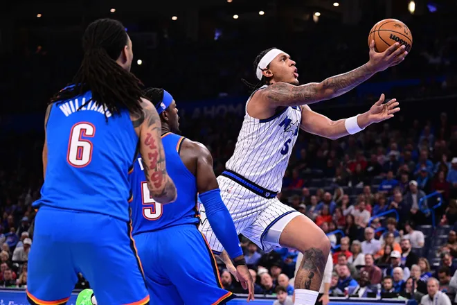 OKLAHOMA CITY, OKLAHOMA - FEBRUARY 3: Paolo Banchero #5 of the Orlando Magic attempts a shot during the second half against the Oklahoma City Thunder at Paycom Center on February 3, 2026 in Oklahoma City, Oklahoma. NOTE TO USER: User expressly acknowledges and agrees that, by downloading and or using this photograph, User is consenting to the terms and conditions of the Getty Images License Agreement. (Photo by Joshua Gateley/Getty Images)