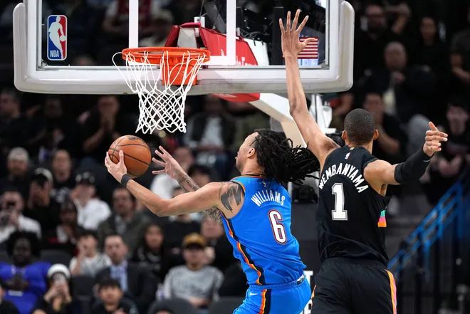 Feb 4, 2026; San Antonio, Texas, USA; Oklahoma City Thunder forward Jaylin Williams (6) drives to the basket past San Antonio Spurs forward Victor Wembanyama (1) during the first half at Frost Bank Center. Mandatory Credit: Scott Wachter-Imagn Images