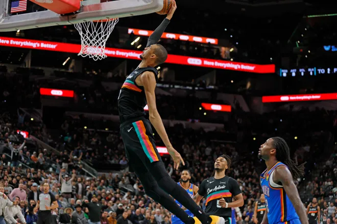 SAN ANTONIO, TX - FEBRUARY 4: Victor Wembanyama #1 of the San Antonio Spurs dunks against the Oklahoma City Thunder in the second half at Frost Bank Center on February 1, 2026 in San Antonio, Texas. NOTE TO USER: User expressly acknowledges and agrees that, by downloading and or using this photograph, User is consenting to terms and conditions of the Getty Images License Agreement. (Photo by Ronald Cortes/Getty Images)