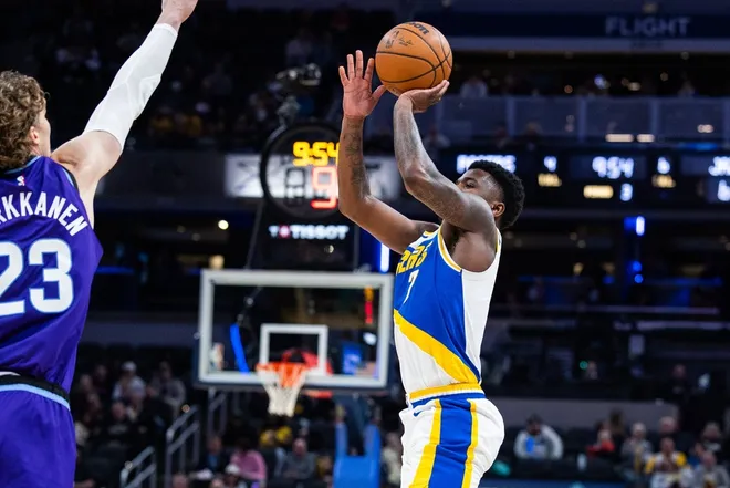 Feb 3, 2026; Indianapolis, Indiana, USA; Indiana Pacers guard Kam Jones (7) shoots the ball while Utah Jazz forward/center Lauri Markkanen (23) defends in the second half at Gainbridge Fieldhouse.