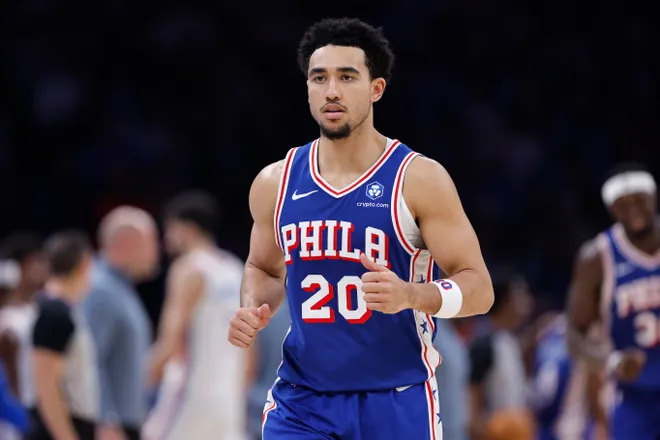 Dec 28, 2025; Oklahoma City, Oklahoma, USA; Philadelphia 76ers guard Jared McCain (20) runs off the court during a time out against the Oklahoma City Thunder during the second half at Paycom Center. Mandatory Credit: Alonzo Adams-Imagn Images