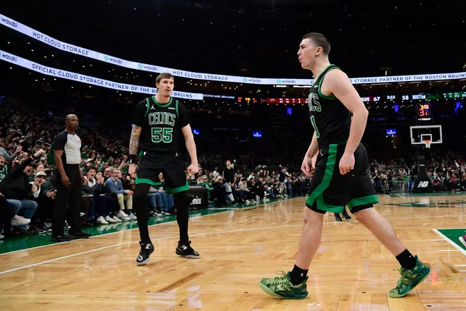 Feb 6, 2026; Boston, Massachusetts, USA; Boston Celtics guard Payton Pritchard (11) reacts after making a basket during the second half against the Miami Heat at TD Garden. Mandatory Credit: Bob DeChiara-Imagn Images
