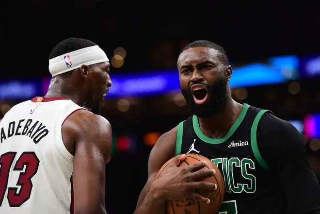 Feb 6, 2026; Boston, Massachusetts, USA; Boston Celtics guard Jaylen Brown (7) reacts towards the official after a play during the second half against the Miami Heat at TD Garden.