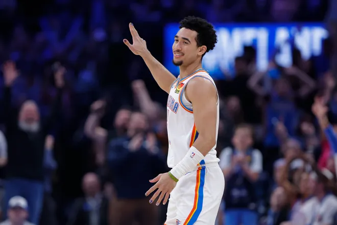 Feb 7, 2026; Oklahoma City, Oklahoma, USA; Oklahoma City Thunder guard Jared McCain (3) gestures after scoring against the Houston Rockets during the second half at Paycom Center. Mandatory Credit: Alonzo Adams-Imagn Images