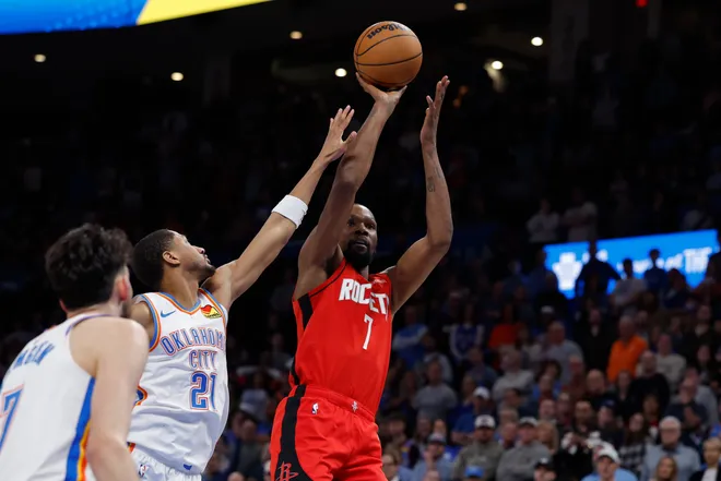 Feb 7, 2026; Oklahoma City, Oklahoma, USA; Houston Rockets forward Kevin Durant (7) shoots against the Oklahoma City Thunder during the second half at Paycom Center. Mandatory Credit: Alonzo Adams-Imagn Images