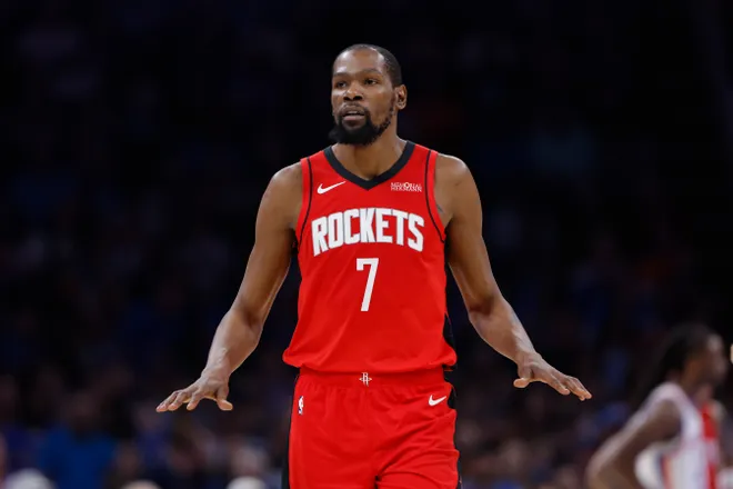 Feb 7, 2026; Oklahoma City, Oklahoma, USA; Houston Rockets forward Kevin Durant (7) during a time out against the Oklahoma City Thunder during the second half at Paycom Center. Mandatory Credit: Alonzo Adams-Imagn Images