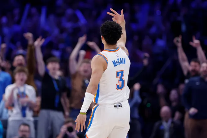Feb 7, 2026; Oklahoma City, Oklahoma, USA; Oklahoma City Thunder guard Jared McCain (3) gestures after scoring against the Houston Rockets during the second half at Paycom Center. Mandatory Credit: Alonzo Adams-Imagn Images