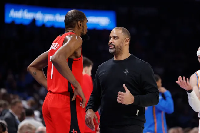 Feb 7, 2026; Oklahoma City, Oklahoma, USA; Houston Rockets Head Coach Ime Udoka talks to Houston Rockets forward Kevin Durant (7) during a time out against the Oklahoma City Thunder in the second half at Paycom Center. Mandatory Credit: Alonzo Adams-Imagn Images