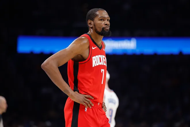 Feb 7, 2026; Oklahoma City, Oklahoma, USA; Houston Rockets forward Kevin Durant (7) walks onto the court after a time out against the Oklahoma City Thunder during the second half at Paycom Center. Mandatory Credit: Alonzo Adams-Imagn Images