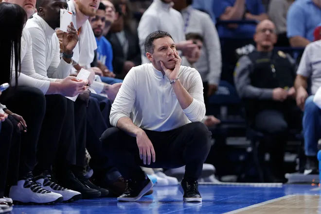 Feb 7, 2026; Oklahoma City, Oklahoma, USA; Oklahoma City Thunder Head Coach Mark Daigneault watches his team play against the Houston Rockets during the second half at Paycom Center. Mandatory Credit: Alonzo Adams-Imagn Images