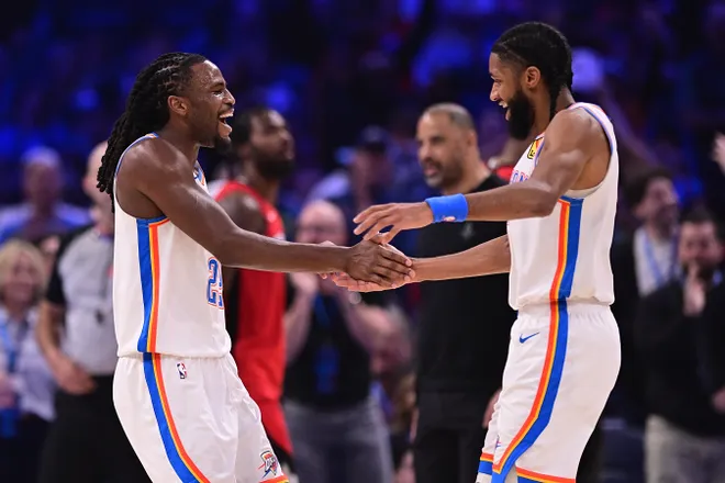 OKLAHOMA CITY, OKLAHOMA - FEBRUARY 7: Cason Wallace #22 and Isaiah Joe #11 of the Oklahoma City Thunder celebrate during the first half against the Houston Rockets at Paycom Center on February 7, 2026 in Oklahoma City, Oklahoma. NOTE TO USER: User expressly acknowledges and agrees that, by downloading and or using this photograph, User is consenting to the terms and conditions of the Getty Images License Agreement. (Photo by Joshua Gateley/Getty Images)