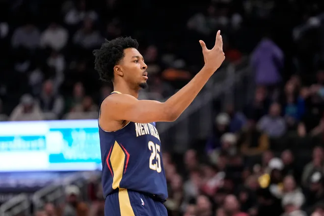 Feb 4, 2026; Milwaukee, Wisconsin, USA; New Orleans Pelicans forward Trey Murphy III (25) gestures after scoring a basket during the third quarter against the Milwaukee Bucks at Fiserv Forum. Mandatory Credit: Jeff Hanisch-Imagn Images