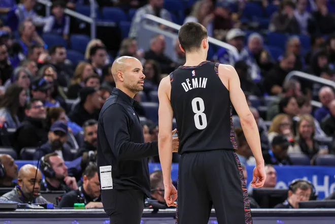Feb 5, 2026; Orlando, Florida, USA; Brooklyn Nets head coach Jordi Fernandez talks to guard Egor Demin (8) during the first quarter against the Orlando Magic at Kia Center. Mandatory Credit: Mike Watters-Imagn Images
