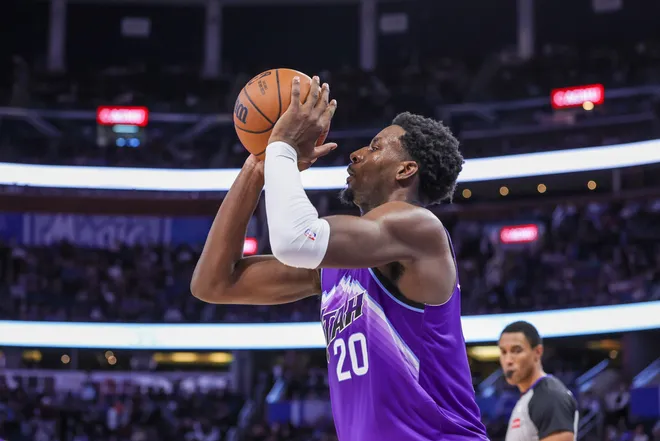 Feb 7, 2026; Orlando, Florida, USA; Utah Jazz center Jaren Jackson Jr. (20) shoots during the second half against the Orlando Magic at Kia Center. Mandatory Credit: Mike Watters-Imagn Images