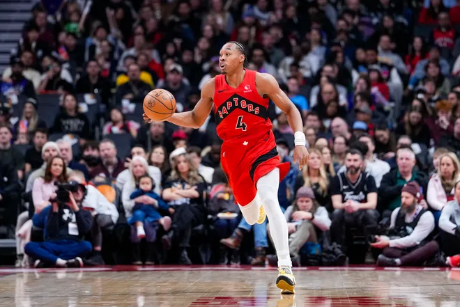 Feb 8, 2026; Toronto, Ontario, CAN; Toronto Raptors forward Scottie Barnes (4) dribbles downcourt against the Indiana Pacers during the first half at Scotiabank Arena. Mandatory Credit: Kevin Sousa-Imagn Images
