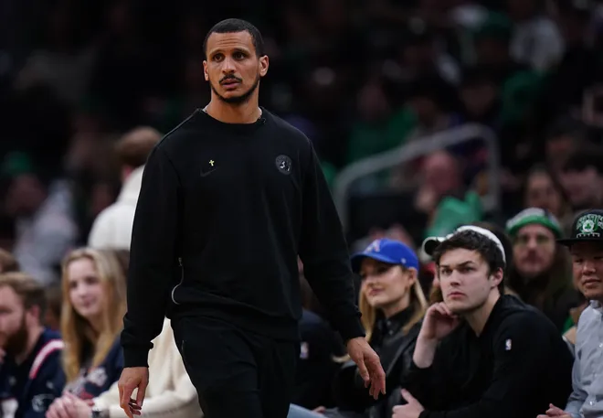 Feb 8, 2026; Boston, Massachusetts, USA; Boston Celtics head coach Joe Mazzulla watches from the sideline as they take on the New York Knicks at TD Garden. Mandatory Credit: David Butler II-Imagn Images