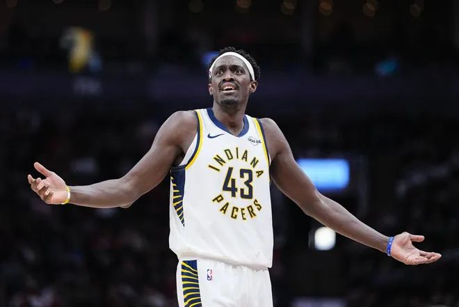 Feb 8, 2026; Toronto, Ontario, CAN; Indiana Pacers forward Pascal Siakam (43) reacts after a call at a NBA game against the Toronto Raptors at Scotiabank Arena.