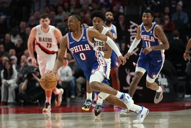 Feb 9, 2026; Portland, Oregon, USA; Philadelphia 76ers guard Tyrese Maxey (0) brings the ball up the court against the Portland Trail Blazers during the second half at Moda Center. Mandatory Credit: Jaime Valdez-Imagn Images