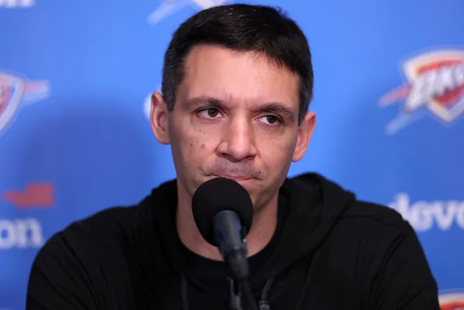 Feb 9, 2026; Los Angeles, California, USA; Oklahoma City Thunder Head Coach Mark Daigneault speaks to the media before the game against the Los Angeles Lakers at Crypto.com Arena. Mandatory Credit: Kiyoshi Mio-Imagn Images
