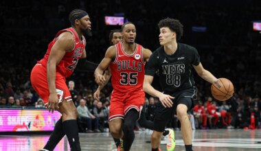 Nets' Nolan Traore reacts to first career double-double against Bulls