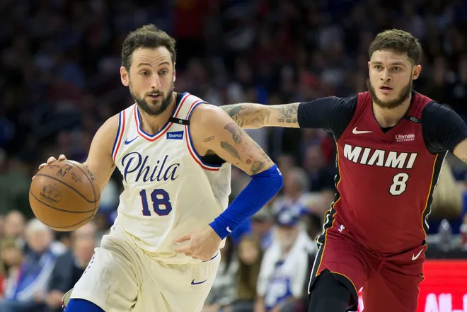 Apr 24, 2018; Philadelphia, PA, USA; Philadelphia 76ers guard Marco Belinelli (18) dribbles past Miami Heat guard Tyler Johnson (8) during the third quarter in game five of the first round of the 2018 NBA Playoffs at Wells Fargo Center. Mandatory Credit: Bill Streicher-USA TODAY Sports