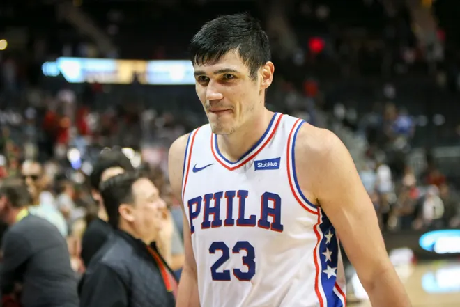Apr 10, 2018; Atlanta, GA, USA; Philadelphia 76ers forward Ersan Ilyasova (23) walks off the court after a victory against the Atlanta Hawks at Philips Arena. Mandatory Credit: Brett Davis-USA TODAY Sports