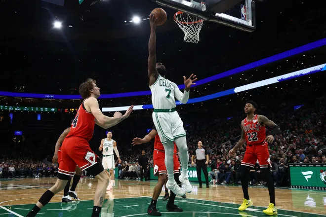 Feb 11, 2026; Boston, Massachusetts, USA; Boston Celtics guard Jaylen Brown (7) goes to the basket through the Chicago Bulls defense during the second quarter at TD Garden. Mandatory Credit: Winslow Townson-Imagn Images