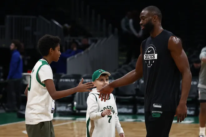 Feb 11, 2026; Boston, Massachusetts, USA; Boston Celtics guard Jaylen Brown (7) greets some young fans before their game against the Chicago Bulls at TD Garden. Mandatory Credit: Winslow Townson-Imagn Images